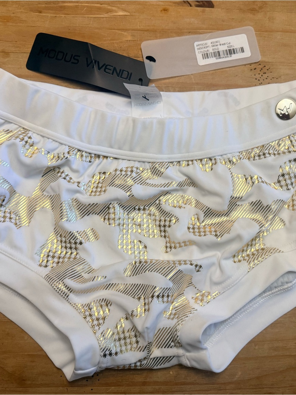 Modus Vivendi Men’s White Swim Trunks with Gold Metallic Pattern